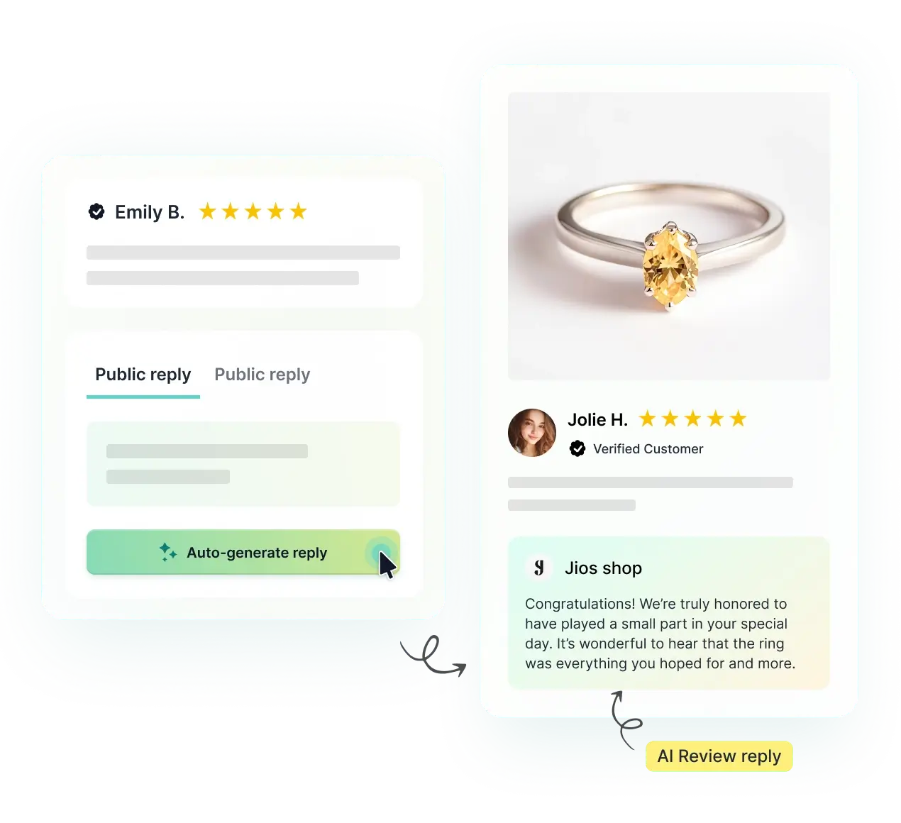 Speed up review responses with AI-suggested, brand-matching replies.