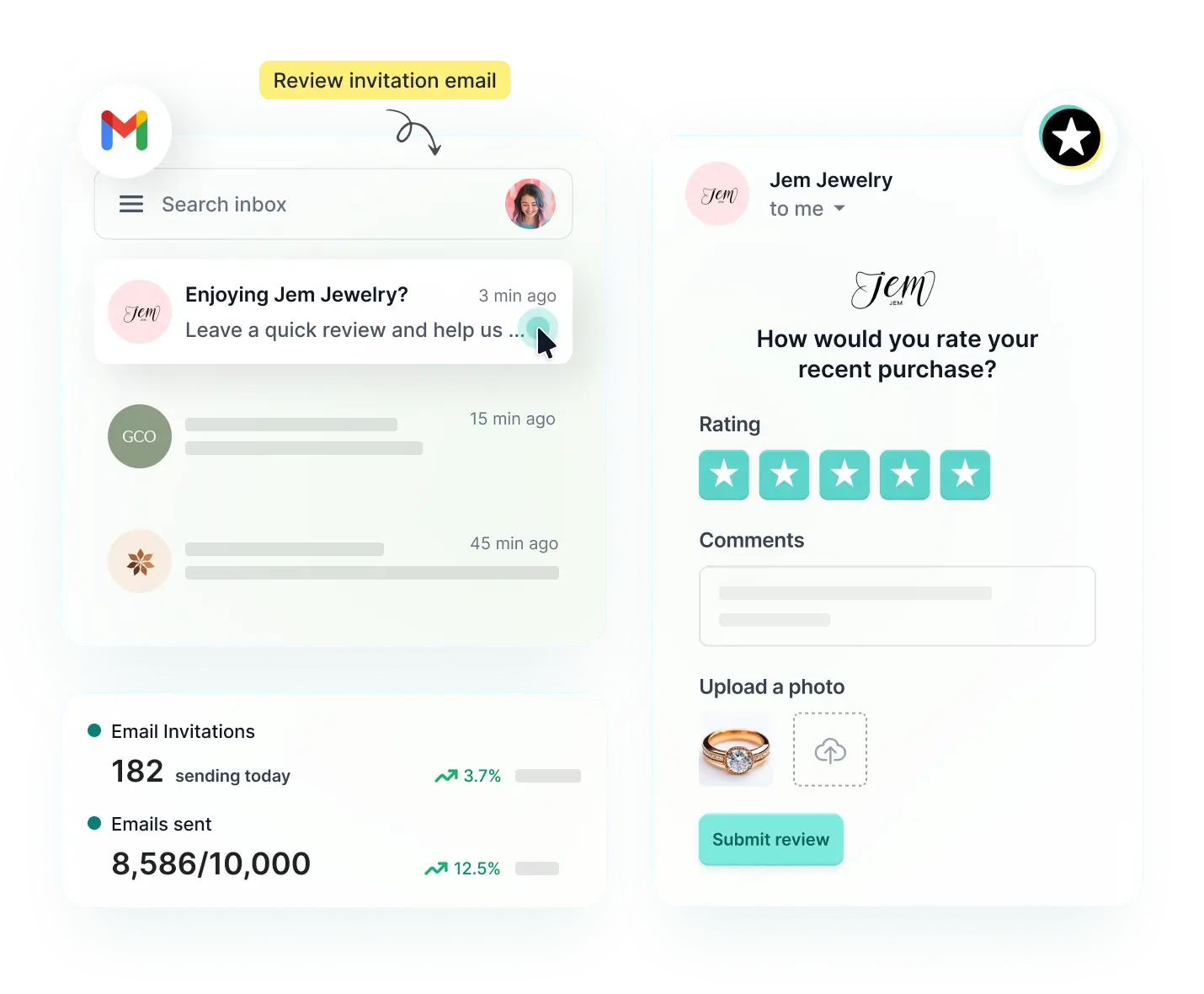 REVIEWS.io email review invitation and feedback form showing star rating, comments, and photo upload.