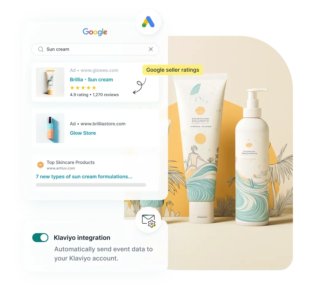 REVIEWS.io pricing benefits with Google Seller Ratings and Klaviyo integration visuals.