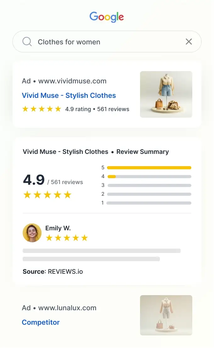 Boost your click-through rate and reduce cost-per-click in Google Ads campaigns by earning Google Seller Rating stars.