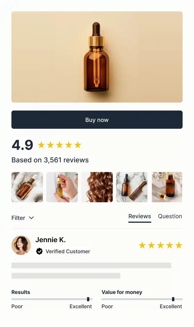 Enhance product pages with relatable reviews to increase visibility in Google Shopping and help customers make informed purchasing decisions.