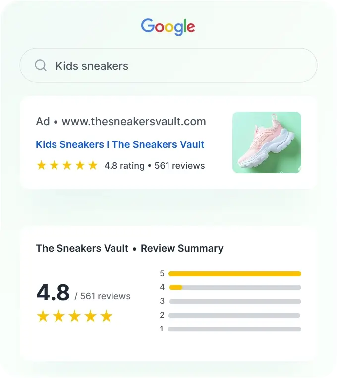 Enhance product pages with relatable reviews to increase visibility in Google Shopping and help customers make informed purchasing decisions.