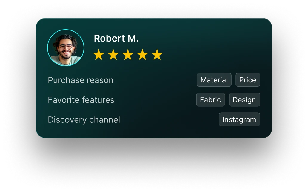 Customer profile for Robert M. with a 5 star rating: bought for material and price, favourite features fabric and design, discovered via Instagram