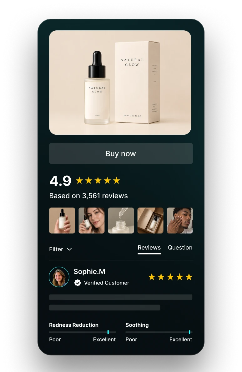 Product page for a skincare serum showing a 4.9 star rating based on 3,561 reviews, customer photos and a verified review